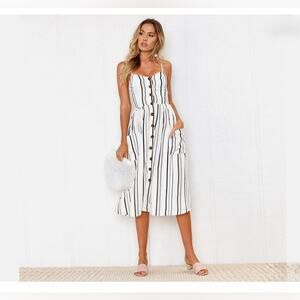 Halife Women's White Striped Spaghetti Strap Button-Down Chic Midi Dress Small